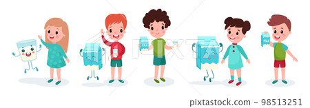 Cute Boy and Girl Characters Playing with Humanized Milk Carton and Glass Vector Set Cute Boy and Girl Characters Playing with Humanized Milk Carton and Glass Vector Set 98513251
