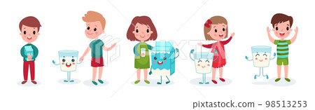 Cute Boy and Girl Characters Playing with Humanized Milk Carton and Glass Vector Set Cute Boy and Girl Characters Playing with Humanized Milk Carton and Glass Vector Set 98513253