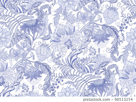 Fantasy flowers in retro, vintage, jacobean embroidery style. Fantasy flowers in retro, vintage, jacobean embroidery style. 98513254