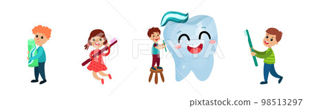 Dental Care with Kids Cleaning Teeth with Brush and Paste Vector Set 98513297