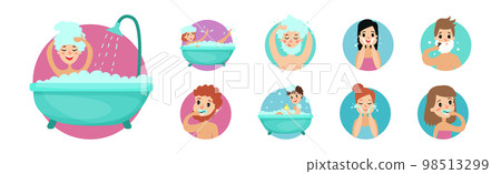 Man and Woman Engaged in Morning Bathroom Procedures and Personal Hygiene Vector Set 98513299