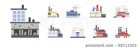 Industrial Plant and Manufacturing with Towers Emitting Smoke Vector Set 98513303