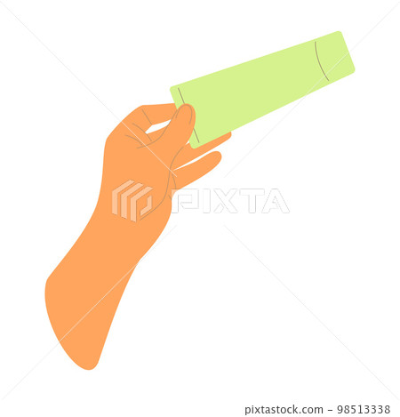 Hand holds cosmetic tube, template, mockup, organic care oil-cream-lotion, packaging. 98513338
