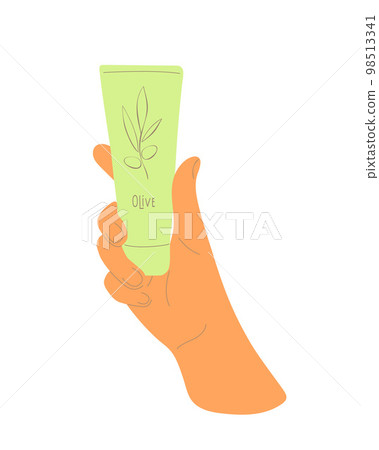 Hand holds cosmetic tube with Olives branch, template, mockup, organic care oil-cream-lotion, packaging. Hand holds cosmetic tube with Olives branch, template, mockup, organic care oil-cream-lotion, packaging. 98513341