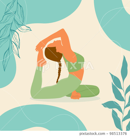 Yoga King Pigeon Pose young woman in Rajakapotasana posture banner with botanical leaves doodle, boho style, pastel colors.  98513376