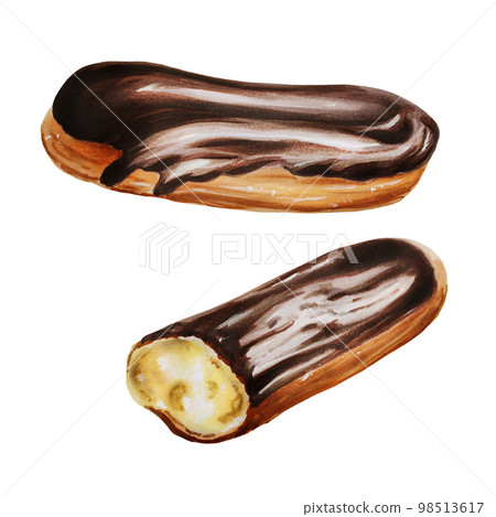 Watercolor chocolate eclair. Hand painting sweet on a white isolated background. For designers, menu, shop, bar, bistro, restaurant, for postcards, wrapping paper, covers. For posters and textile 98513617