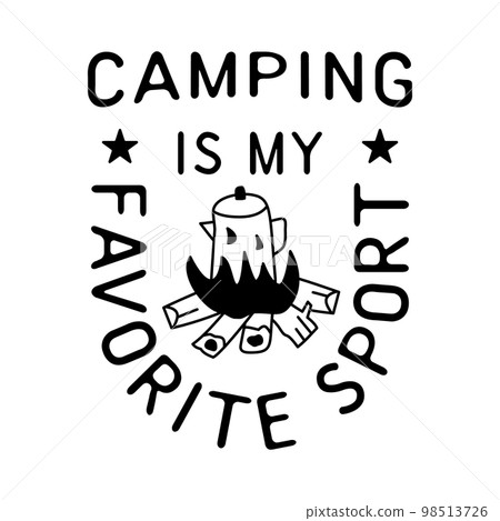 Linear design with kettle on burning bonfire and text on white surface Linear design with kettle on burning bonfire and text on white surface 98513726