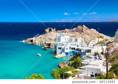 Beach and fishing village of Firapotamos on Milos island, Greece 98513895