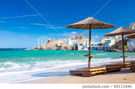 Beach and fishing village of Firapotamos on Milos island, Greece 98513896