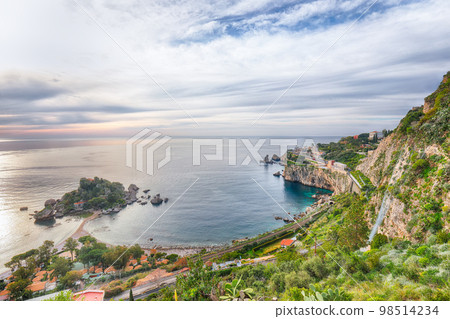 Panoramic aerial view of Isola Bella island and beach in Taormina 98514234