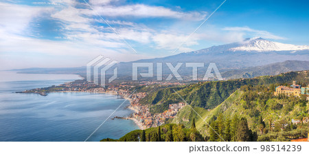 Awesome aquamarine blue waters of sea near Taormina resorts and Etna volcano mount. Awesome aquamarine blue waters of sea near Taormina resorts and Etna volcano mount. 98514239