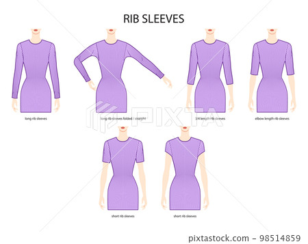 Set of Rib sleeves clothes knit long, short, 3-4, elbow length, folded, straight technical fashion illustration, fitted Set of Rib sleeves clothes knit long, short, 3-4, elbow length, folded, straight technical fashion illustration, fitted 98514859