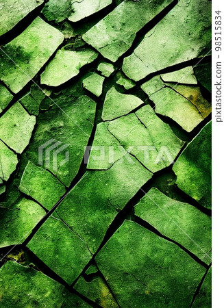 Green cracked soil surface abstract background. Decorative vertical illustration with cracks and scratches ground texture. Green AI generated cracked ground surface pattern. Green cracked soil surface abstract background. Decorative vertical illustration with cracks and scratches ground texture. Green AI generated cracked ground surface pattern. 98515834