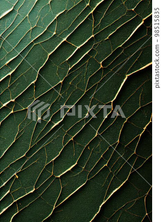 Green and gold cracked surface abstract background. Decorative vertical illustration with cracks and scratches plaster texture. Green and gold AI generated cracked surface pattern. 98515835