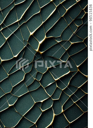 Green and gold cracked surface abstract background. Decorative vertical illustration with cracks and scratches plaster texture. Green and gold AI generated cracked surface pattern. 98515836