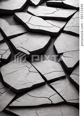 Black and white cracked surface abstract background. Decorative vertical illustration with cracks and scratches ground texture. Black and white AI generated cracked surface pattern. 98515840