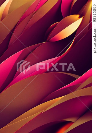 Gold and magenta wavy shapes abstract background. Decorative vertical illustration with metalic texture. Shiny material Gold and magenta wavy shapes pattern. 98515899