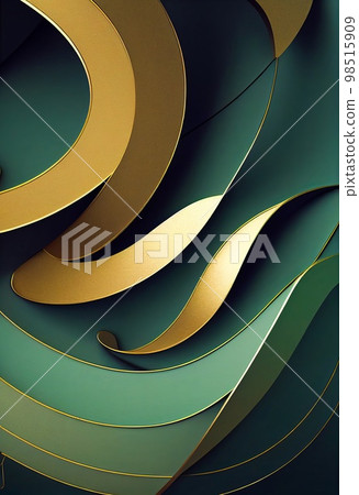 Gold and green wavy shapes abstract background. Decorative vertical illustration with metalic texture. Shiny material gold and green wavy shapes pattern. Gold and green wavy shapes abstract background. Decorative vertical illustration with metalic texture. Shiny material gold and green wavy shapes pattern. 98515909