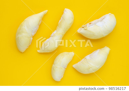 Durian on yellow background. Top view Durian on yellow background. Top view 98516217