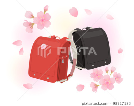 Red and black school bag and cherry blossom image material 98517183