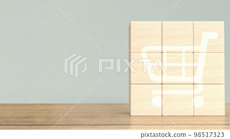 The shopping cart icon on wood cube for business concept 3d rendering The shopping cart icon on wood cube for business concept 3d rendering 98517323