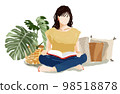 Illustration material of a woman reading a book while relaxing in her room 98518878