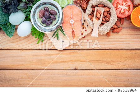 Ketogenic low carbs diet concept. Ingredients for the healthy foods selection  set up on wooden background 98518964