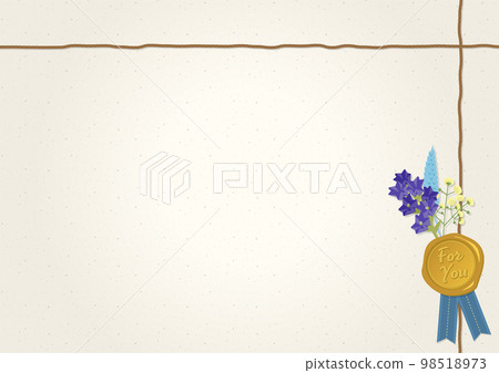 Gold sealing stamp and dried flowers. Hemp string, beige paper background / frame Gold sealing stamp and dried flowers. Hemp string, beige paper background / frame 98518973