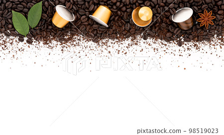 Dark roasted coffee beans setup on white background with copy space. Dark roasted coffee beans setup on white background with copy space. 98519023