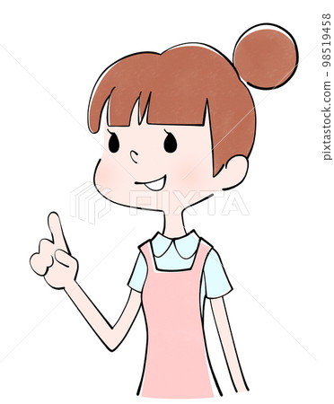 Illustration of a caregiver (female) pointing up (looking up) Illustration of a caregiver (female) pointing up (looking up) 98519458