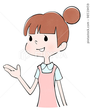 Illustration of a caregiver (female) who guides you here while looking up Illustration of a caregiver (female) who guides you here while looking up 98519459