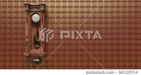 Vintage wooden clock on the wall with wallpaper. 3D illustration Vintage wooden clock on the wall with wallpaper. 3D illustration 98520554