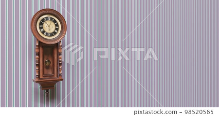 Vintage wooden clock on the wall with wallpaper. 3D illustration Vintage wooden clock on the wall with wallpaper. 3D illustration 98520565