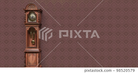 Vintage wooden clock on the wall with wallpaper. 3D illustration Vintage wooden clock on the wall with wallpaper. 3D illustration 98520579