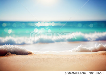 Seascape abstract beach background. blur bokeh light of calm sea and sky. Focus on sand foreground 98520659