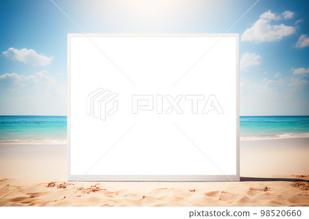 Seascape abstract beach background with copy space and blur bokeh light of calm sea and sky. Focus on sand foreground Seascape abstract beach background with copy space and blur bokeh light of calm sea and sky. Focus on sand foreground 98520660