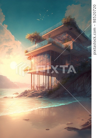 Illustration of summer houses at the ocean or sea with dramatic sky at sunset.Ai generated content 98520720
