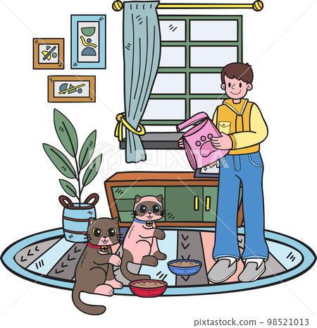 Hand Drawn The owner feeds the cats in the room illustration in doodle style Hand Drawn The owner feeds the cats in the room illustration in doodle style 98521013