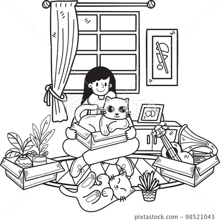 Hand Drawn Owner with cat and gift in the room illustration in doodle style 98521043