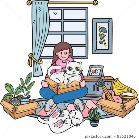 Hand Drawn Owner with cat and gift in the room illustration in doodle style 98521046