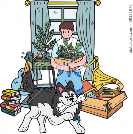 Hand Drawn Owner and husky Dog moving into a new home illustration in doodle style 98521072