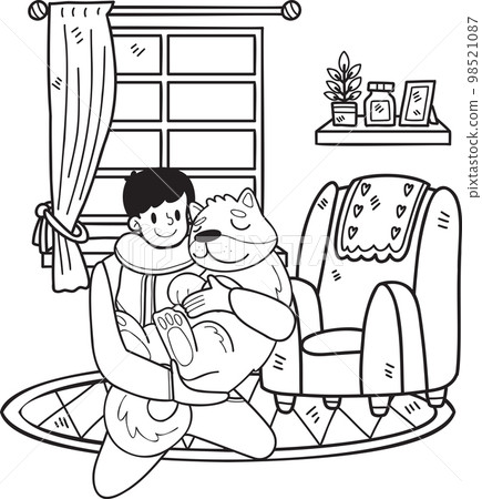 Hand Drawn owner and dog are sleeping in the room illustration in doodle style 98521087