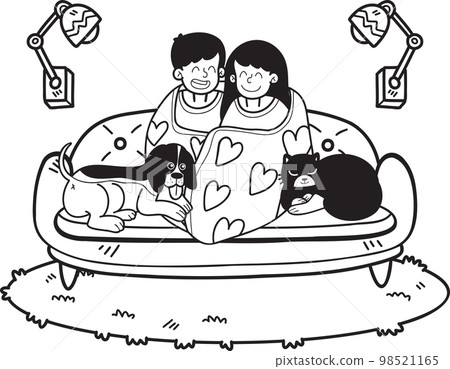 Hand Drawn owners are watching movies in blankets with dogs and cats illustration in doodle style Hand Drawn owners are watching movies in blankets with dogs and cats illustration in doodle style 98521165