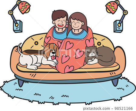 Hand Drawn owners are watching movies in blankets with dogs and cats illustration in doodle style Hand Drawn owners are watching movies in blankets with dogs and cats illustration in doodle style 98521166