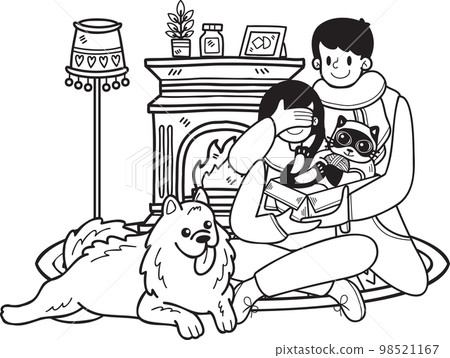 Hand Drawn A man gives a cat to a woman as a gift illustration in doodle style 98521167