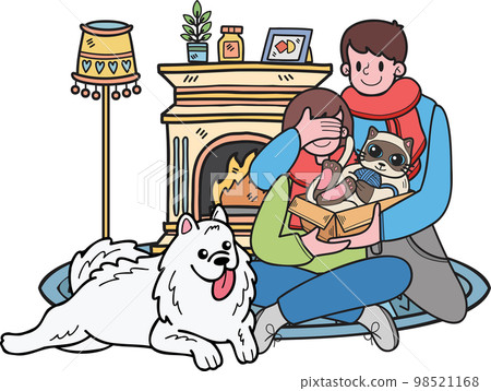 Hand Drawn A man gives a cat to a woman as a gift illustration in doodle style 98521168