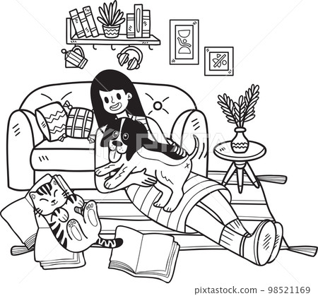 Hand Drawn The owner hugs the dog and catin the living room illustration in doodle style Hand Drawn The owner hugs the dog and catin the living room illustration in doodle style 98521169