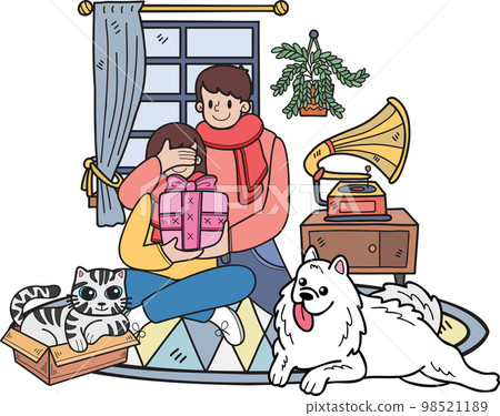Hand Drawn Men give gifts to women with dogs and cats illustration in doodle style Hand Drawn Men give gifts to women with dogs and cats illustration in doodle style 98521189