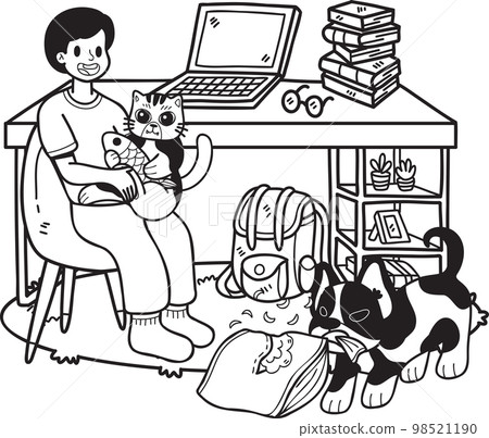 Hand Drawn owner plays with the dogs and cats in the office room illustration in doodle style Hand Drawn owner plays with the dogs and cats in the office room illustration in doodle style 98521190