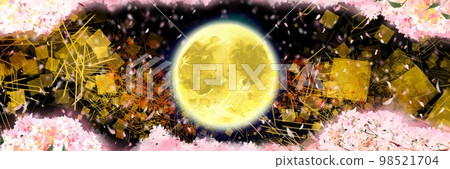 美麗的滿月和日式金銀塵金葉和櫻花在夜間盛開日本風景背景插圖與神秘的暴風雪 98521704